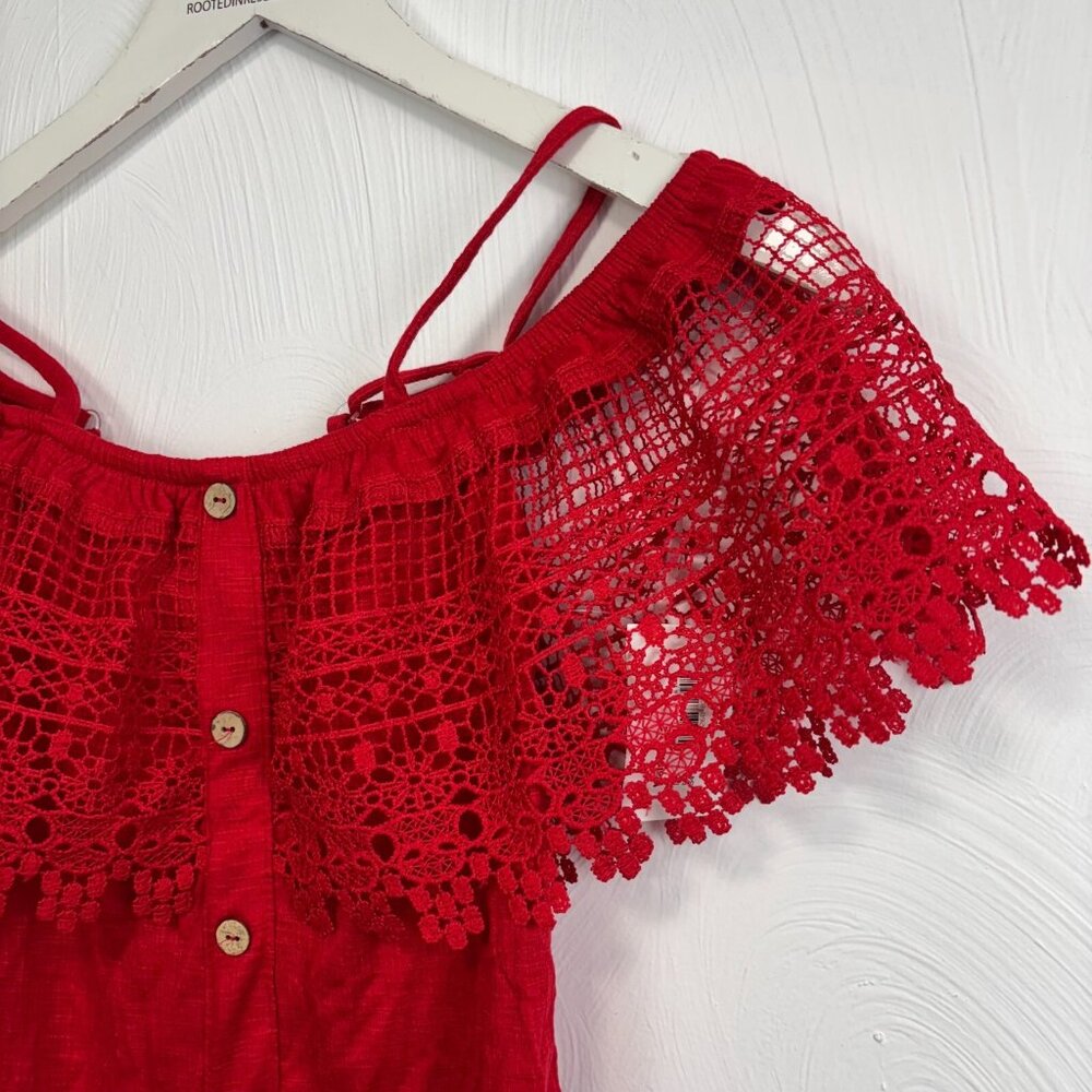 No Boundaries Blouse Red Boho Cute Off Shoulder Shirt Button Accent Solid Womens - Picture 2 of 6